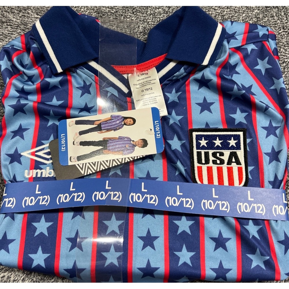 Umbro Team USA Youth Soccer Jersey Blue Red Stars Stripes Polo Size L 10/12